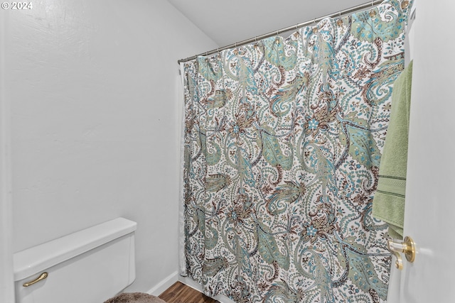 bathroom with toilet, wood finished floors, and a shower with shower curtain