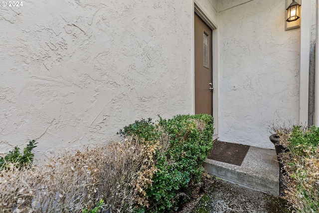 view of exterior entry featuring stucco siding