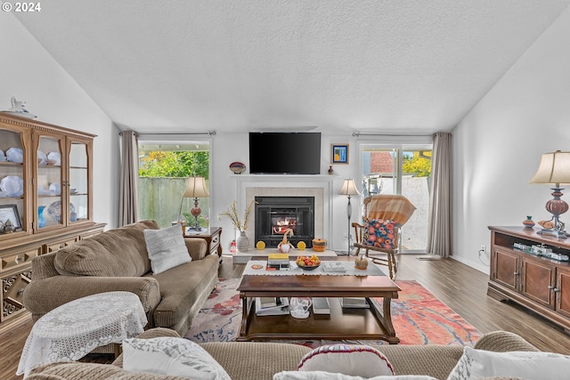 living area featuring a fireplace, wood finished floors, and a textured ceiling