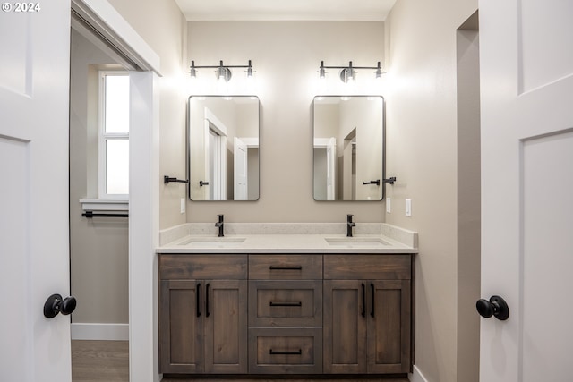 bathroom with wood-type flooring and vanity