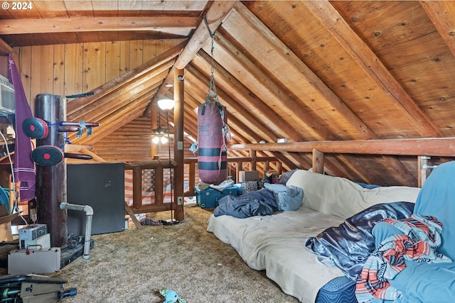 bedroom featuring carpet, vaulted ceiling with beams, and wood ceiling