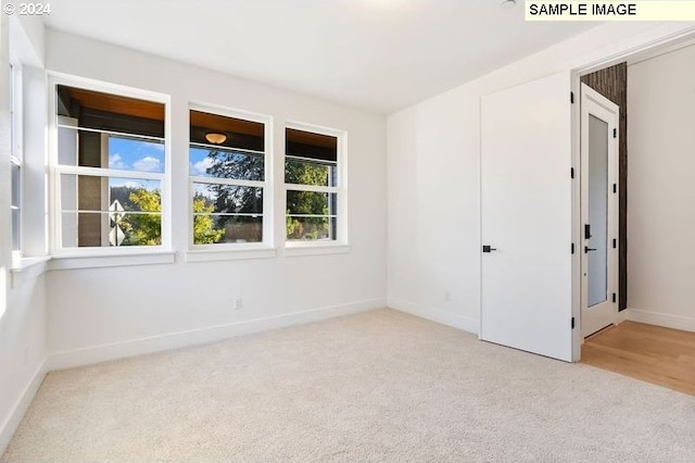 unfurnished room featuring light colored carpet