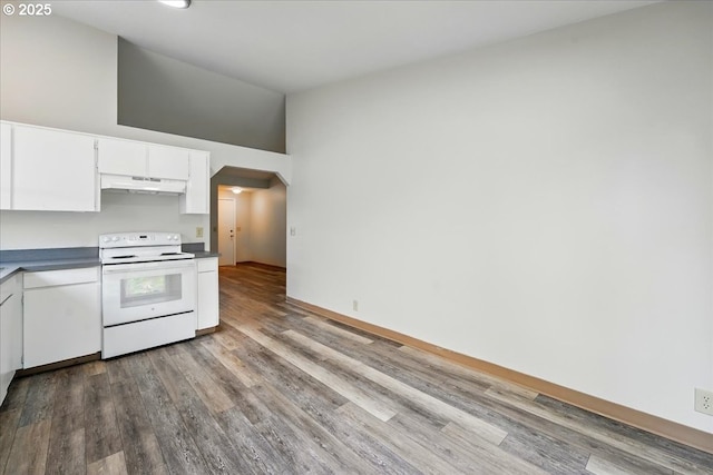 19875 SW Southview St, Beaverton, OR 97078 - kitchen featuring white electric range oven, under cabinet range hood, wood finished floors, white cabinets, and vaulted ceiling