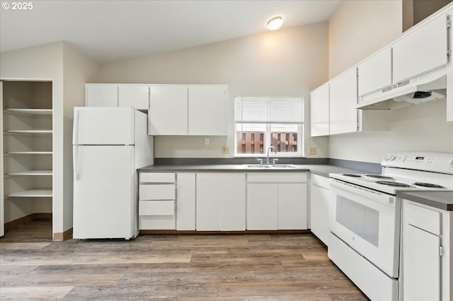 19875 SW Southview St, Beaverton, OR 97078 - kitchen featuring white appliances, under cabinet range hood, a sink, white cabinets, and high vaulted ceiling