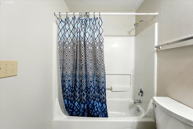19875 SW Southview St, Beaverton, OR 97078 - bathroom featuring shower / tub combo with curtain, toilet, and a textured wall