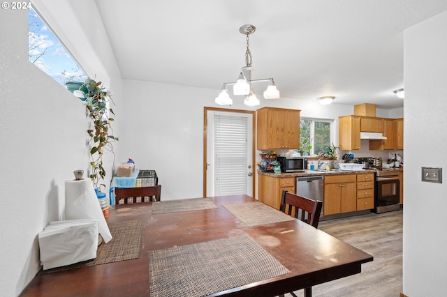 dining space with light hardwood / wood-style floors, a notable chandelier, and sink