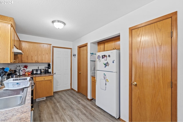 kitchen with light hardwood / wood-style flooring, white fridge, a textured ceiling, and sink