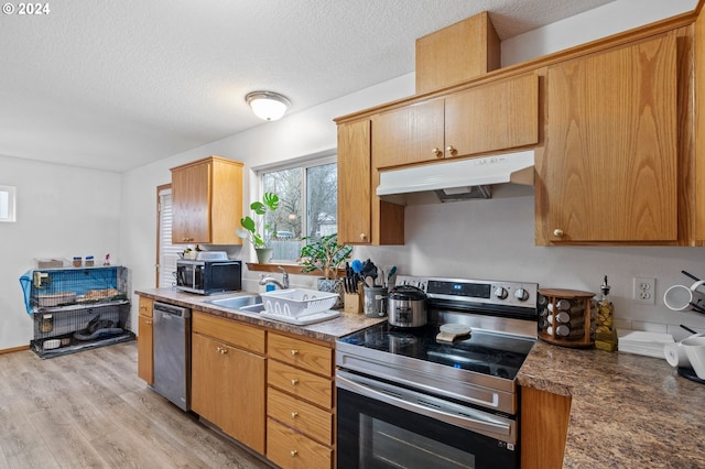 kitchen with a textured ceiling, light wood-type flooring, stainless steel appliances, and sink