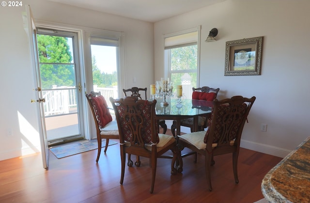 dining space with hardwood / wood-style floors