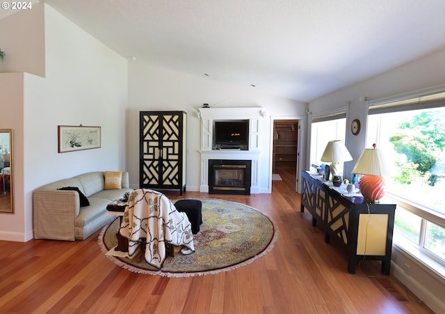 living room with hardwood / wood-style flooring and vaulted ceiling