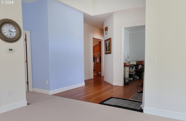 hallway featuring wood-type flooring and ornamental molding