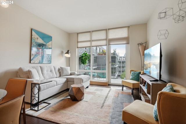 living room with light hardwood / wood-style floors and a wall of windows