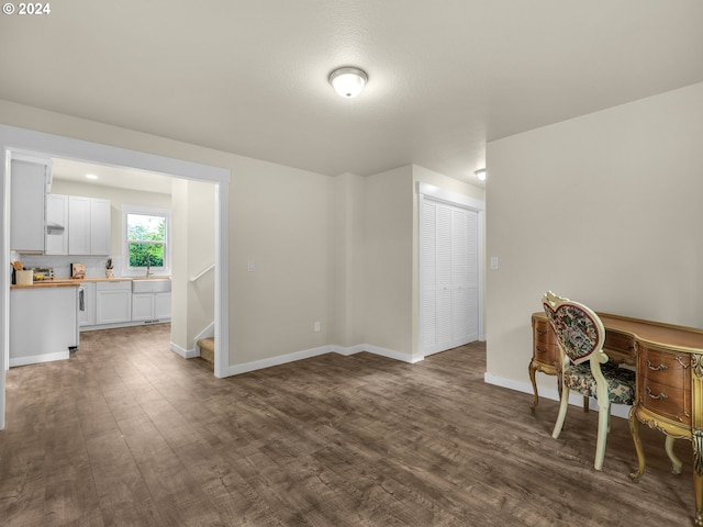 home office featuring sink and dark hardwood / wood-style flooring