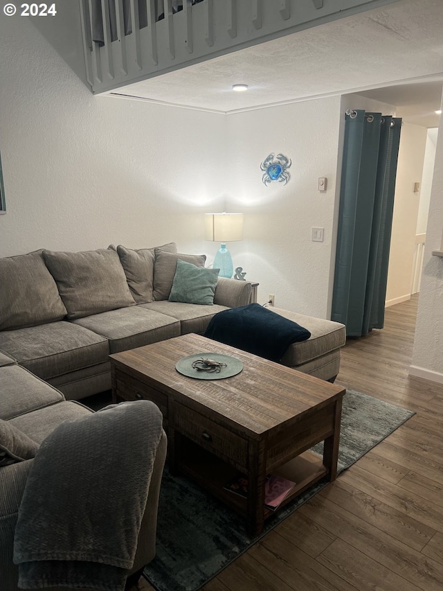 living room with wood-type flooring and a textured ceiling