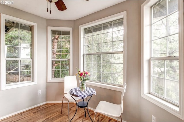 sunroom with ceiling fan