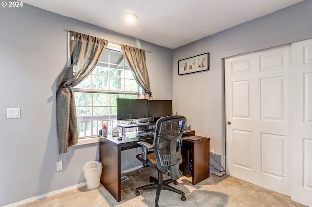 office area featuring light colored carpet