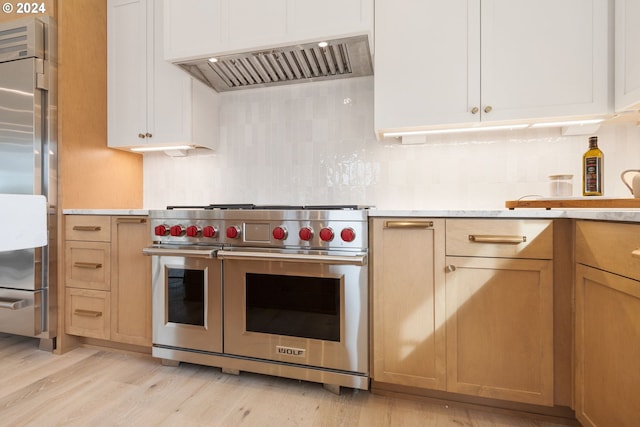 kitchen featuring premium appliances, tasteful backsplash, light wood-type flooring, and exhaust hood