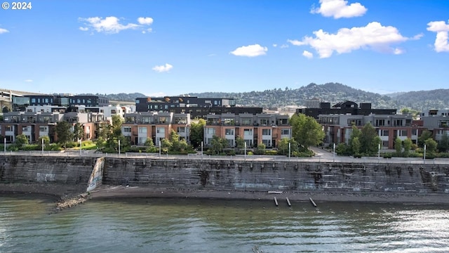 view of dock featuring a water and mountain view