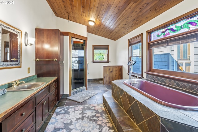 bathroom with vanity, wood ceiling, vaulted ceiling, and separate shower and tub