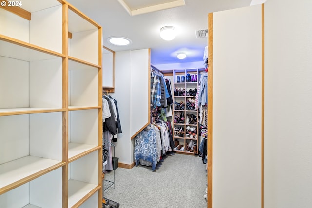 walk in closet featuring light colored carpet