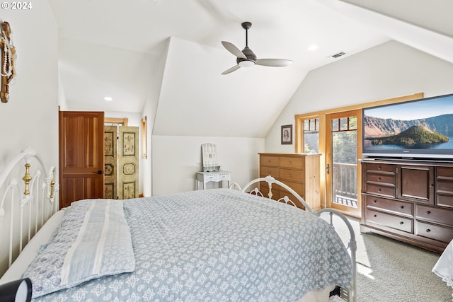 carpeted bedroom featuring ceiling fan, access to exterior, and vaulted ceiling