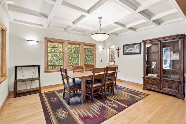 dining area with beam ceiling, coffered ceiling, and hardwood / wood-style floors