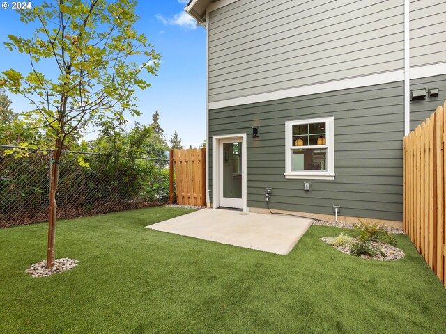 back of property with a patio area and a yard