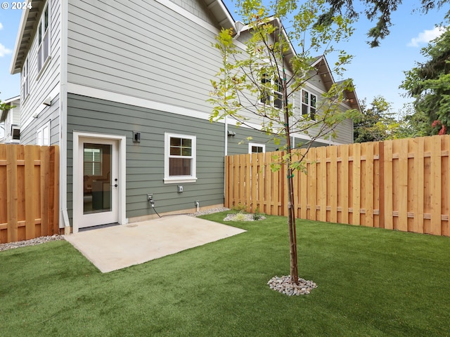 rear view of house with a patio, a yard, and a fenced backyard