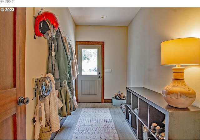 mudroom with light hardwood / wood-style flooring