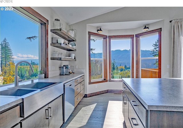 kitchen with dishwasher, a mountain view, lofted ceiling, sink, and light hardwood / wood-style floors