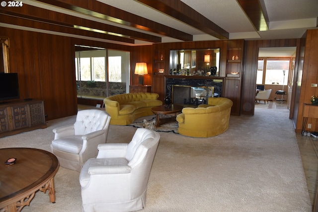 living room with beamed ceiling, a premium fireplace, plenty of natural light, and wood walls