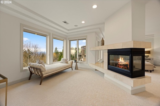 carpeted bedroom with a multi sided fireplace