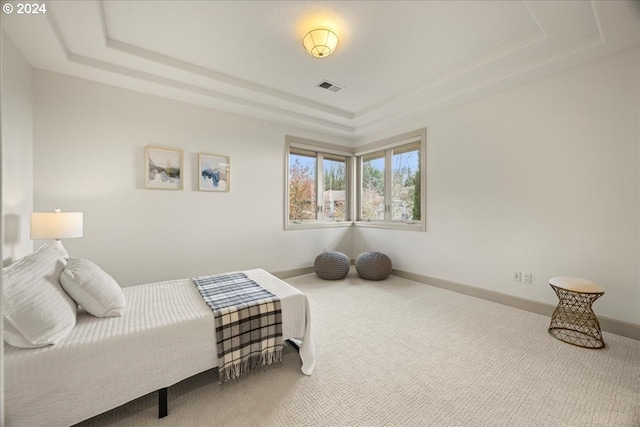 bedroom with a raised ceiling and carpet floors