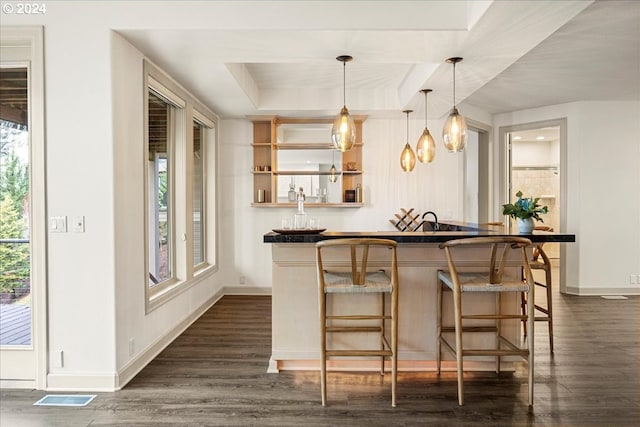 bar featuring dark hardwood / wood-style floors, hanging light fixtures, a healthy amount of sunlight, and a tray ceiling