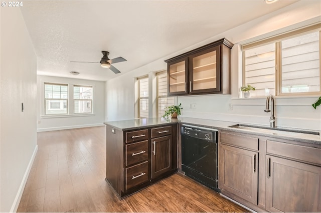 kitchen featuring dishwasher, sink, light hardwood / wood-style flooring, ceiling fan, and dark brown cabinetry