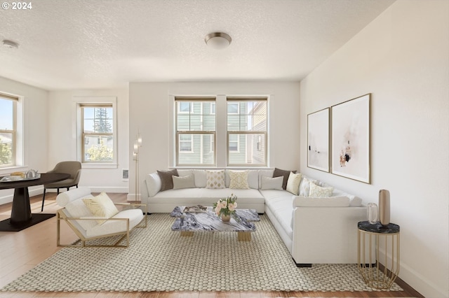 living room with light hardwood / wood-style floors and a textured ceiling