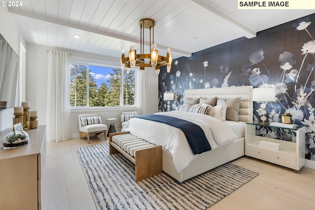 bedroom with radiator heating unit, wooden ceiling, beamed ceiling, a chandelier, and light hardwood / wood-style floors