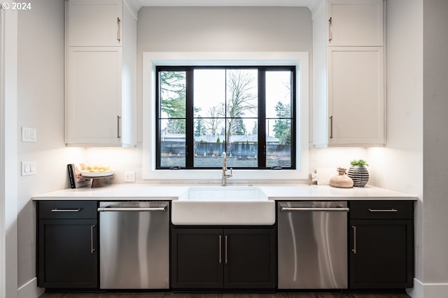 kitchen featuring white cabinets, stainless steel dishwasher, and sink
