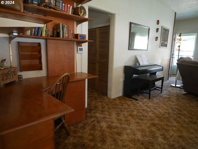 office space with dark colored carpet and a textured ceiling