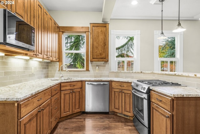 kitchen with stainless steel appliances, a healthy amount of sunlight, and dark wood-type flooring