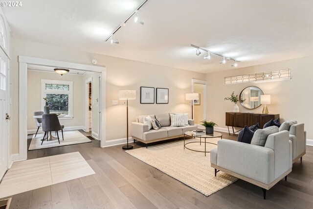 living room with wood-type flooring and rail lighting