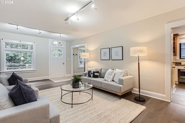 living room with dark wood-type flooring and rail lighting