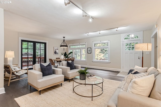 living room featuring french doors, rail lighting, and dark hardwood / wood-style flooring