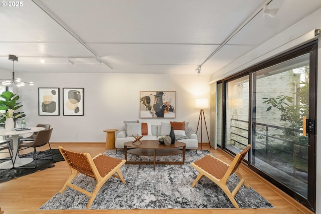 living room with hardwood / wood-style flooring and track lighting