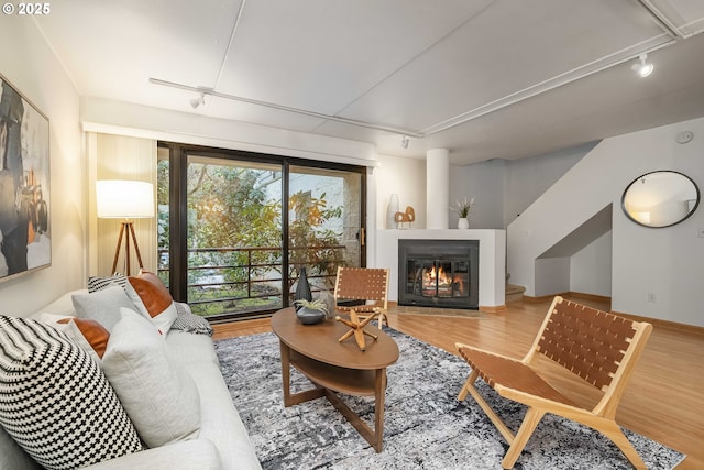 living room with hardwood / wood-style floors and rail lighting