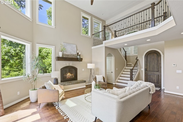 living room with a high ceiling and wood-type flooring