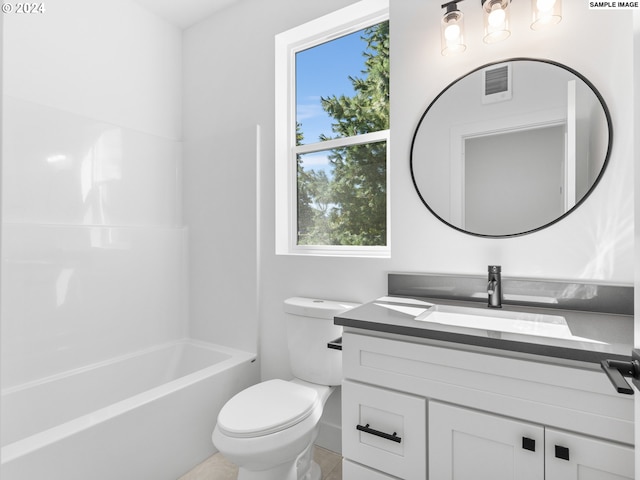 bathroom featuring shower / tub combination, toilet, visible vents, and vanity