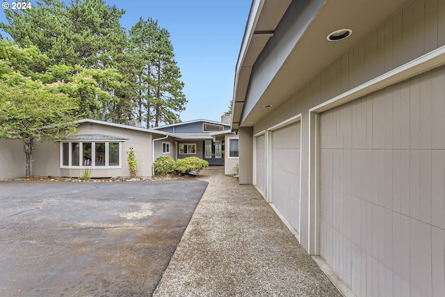 view of patio featuring a garage