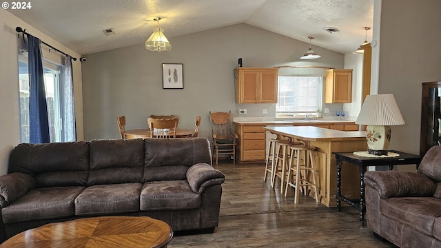 4072 Forsythia St, Springfield, OR 97478 - living room with lofted ceiling, dark wood-type flooring, and a textured ceiling