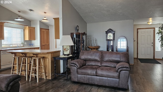 4072 Forsythia St, Springfield, OR 97478 - living room featuring vaulted ceiling, dark wood-style flooring, a textured ceiling, and plenty of natural light